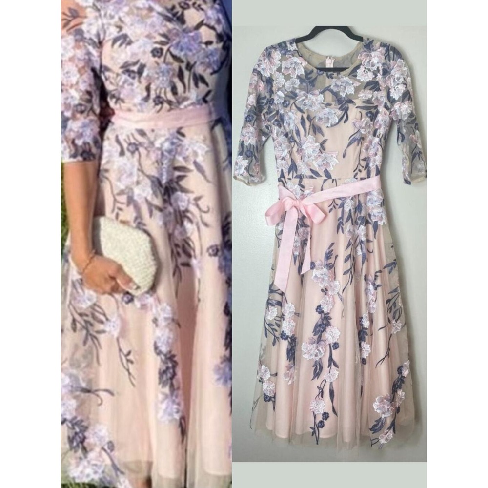 BHLDN Dress 6 Pink Linden Floral Embroidered Midi Wedding Guest Mother of Bride